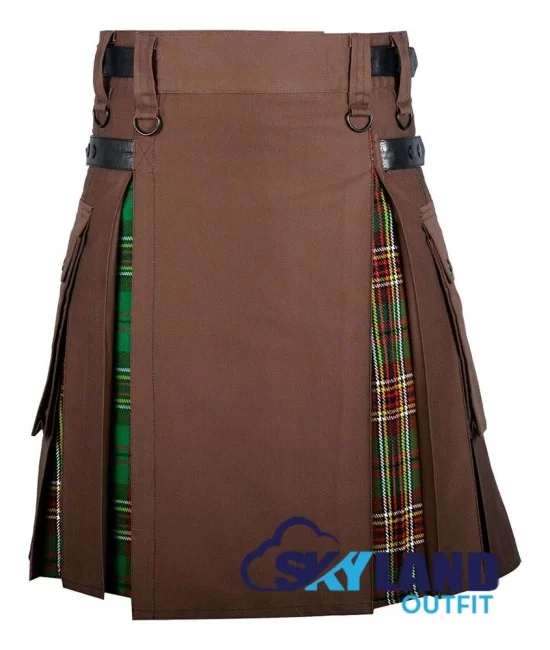 Premium - Handmade - Scottish Hybrid UTILITY KILT For high quality Men - Black Denim & Wallace Tartan - Plus Size Kilt